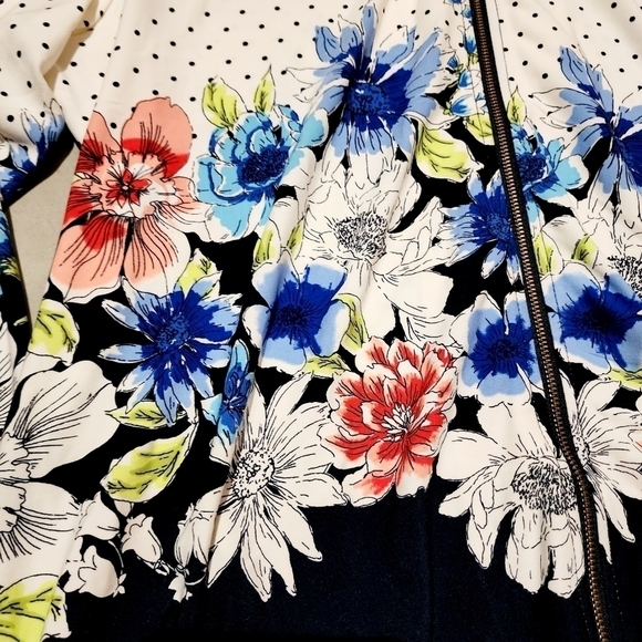 Susan Graver White Navy Floral Swiss Dot Full Zip Jacket Women's Large L Pockets - Picture 9 of 11